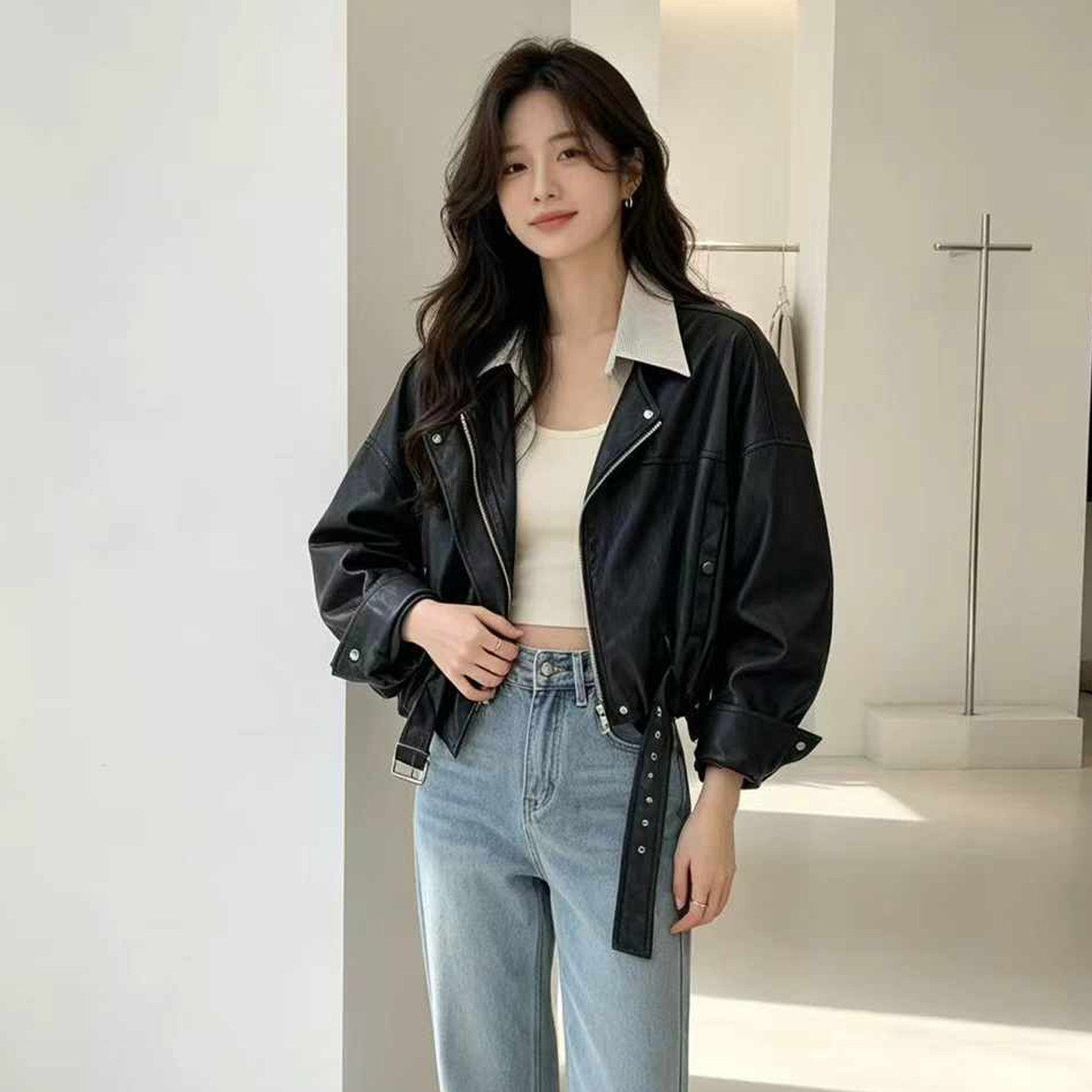 秋拼接条纹PU皮衣短外套女小个子