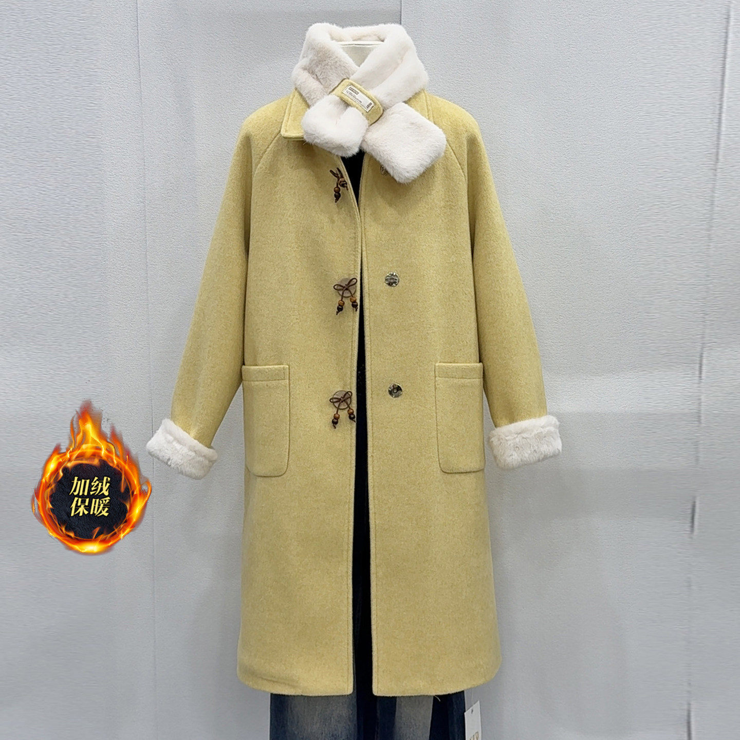 加绒围脖毛呢外套女中长款冬季韩系时尚气质减龄围巾加厚呢子大衣