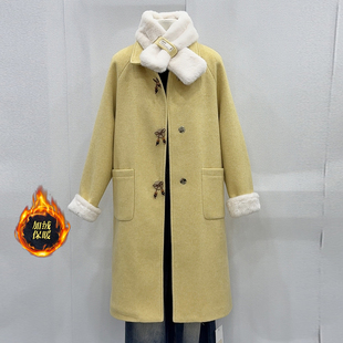 加绒围脖毛呢外套女中长款冬季韩系时尚气质减龄围巾加厚呢子大衣