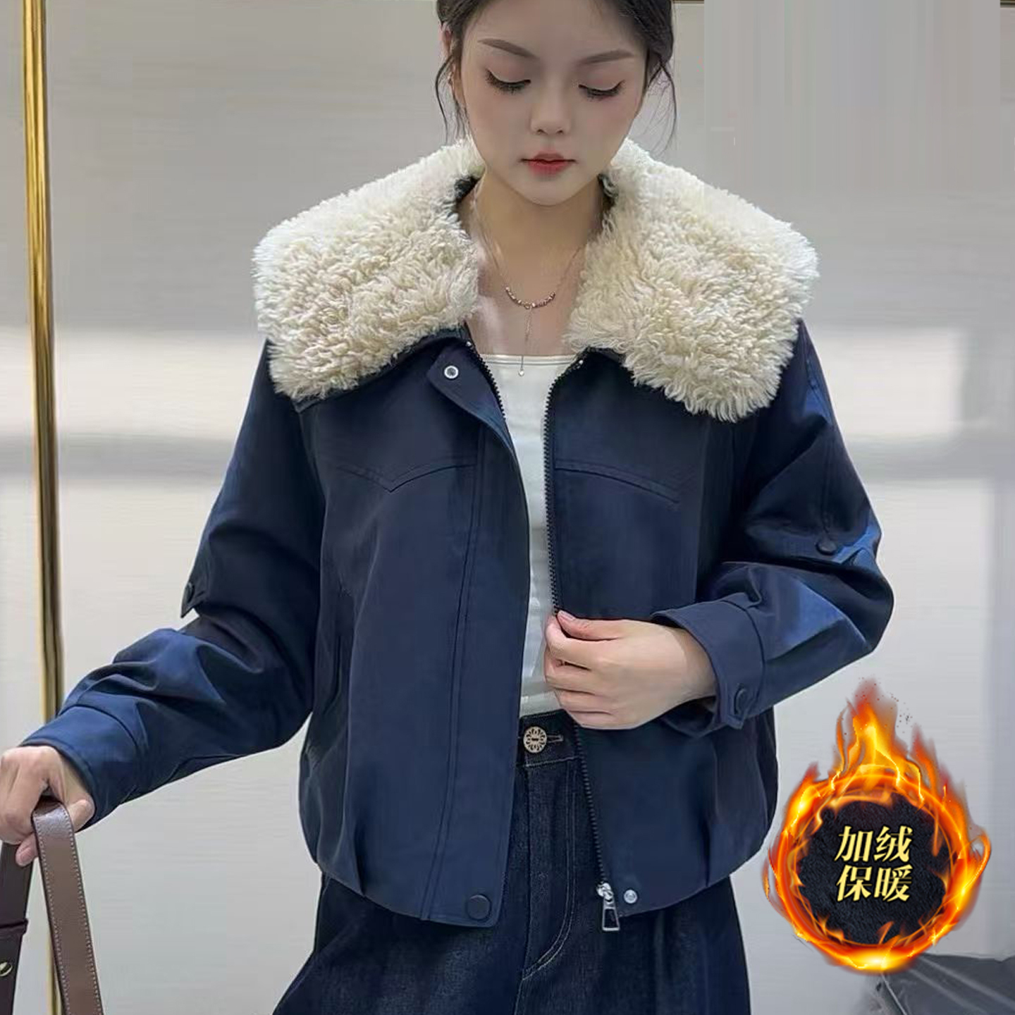 大毛领加绒派克服外套女短款宽松