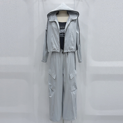 连帽外套字母吊带阔腿裤三件套