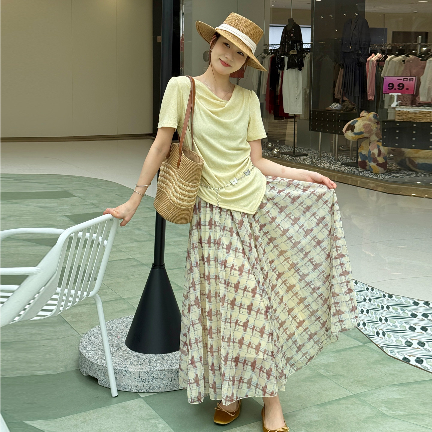 不规则短袖上衣+格子半身裙两件套夏气质显瘦温柔风穿搭时尚套装