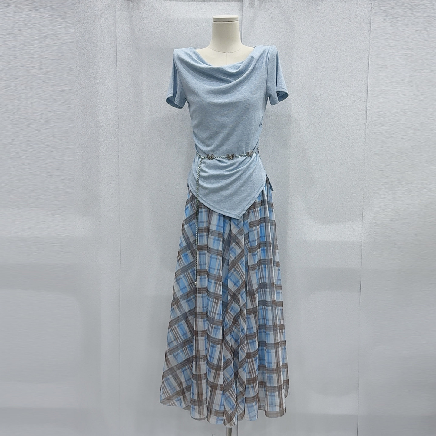 不规则荡领上衣+格子半身裙两件套夏气质显瘦温柔风穿搭时尚套装