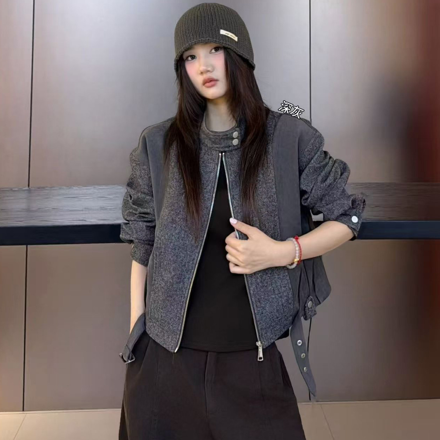 撞色毛呢外套女短款鹿皮绒夹克