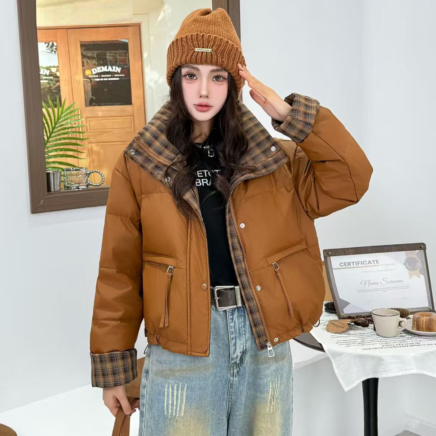 格子拼接羽绒服女时尚休闲宽松