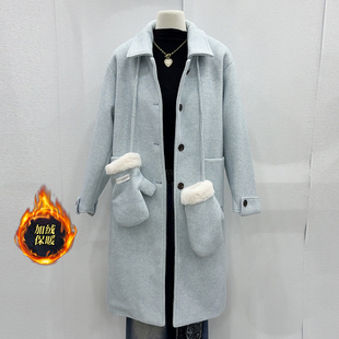 手套加绒呢子外套女中长款冬季时尚显瘦减龄设计感加厚呢子大衣潮