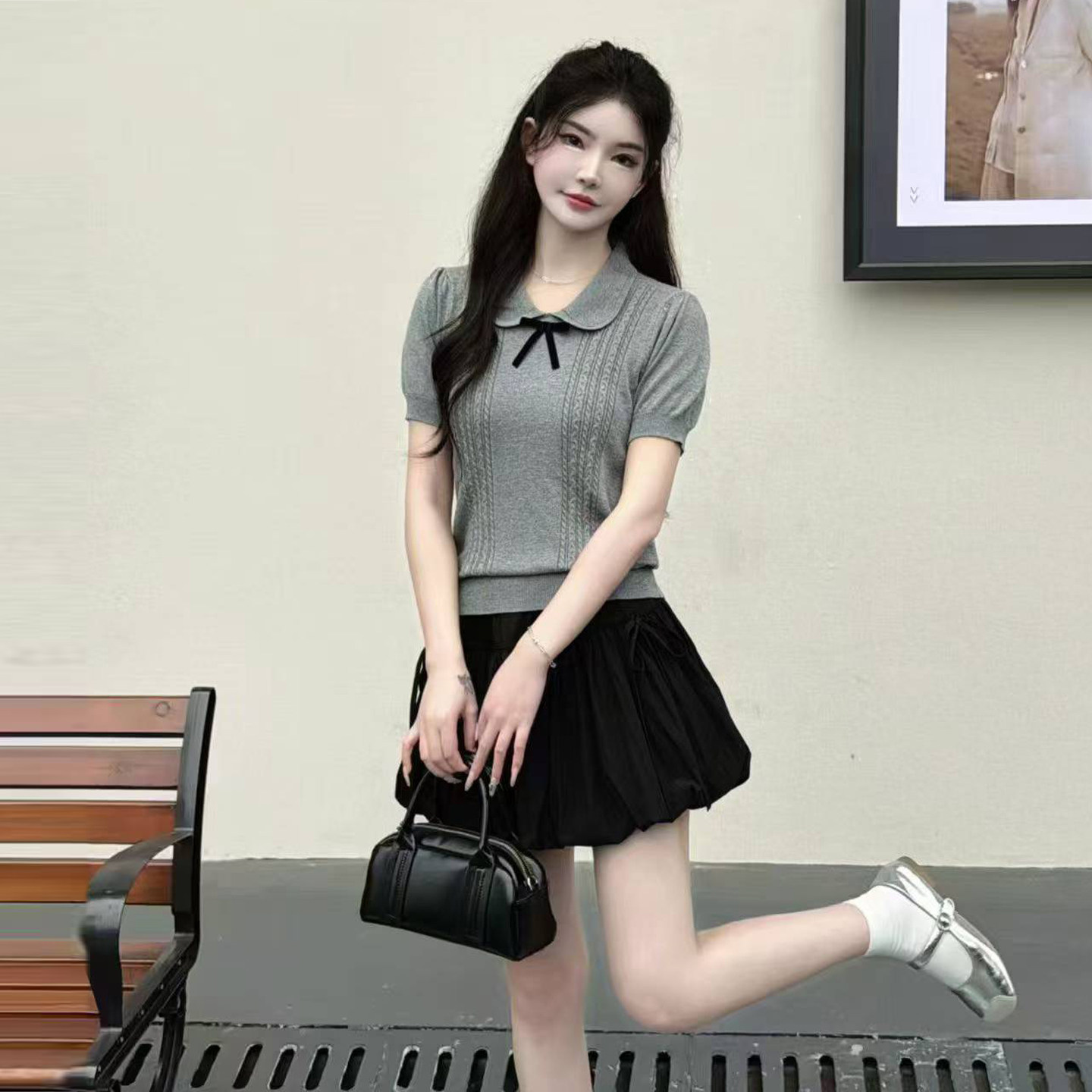 针织短袖上衣+蝴蝶结短裙两件套女夏季韩系设计感小个子时尚套装