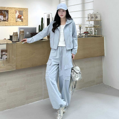 工装外套背心阔腿裤三件女套装