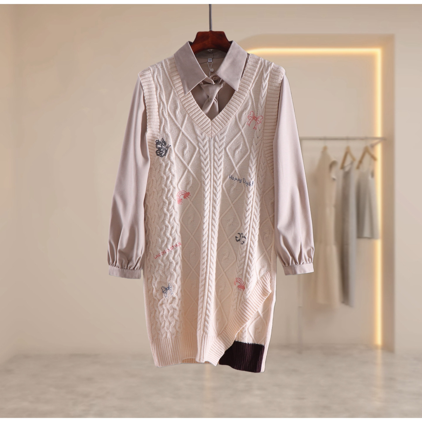 拉谷g品牌折扣商场同款新款时尚韩版学院风针织+马甲衬衫两件套