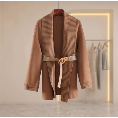 100%绵羊毛大翻领收腰毛呢外套