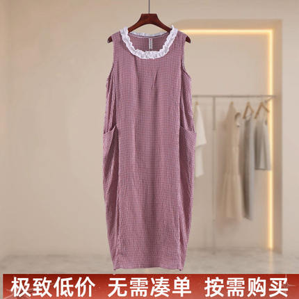 品牌折扣女夏季格子无袖睡裙女中长款圆领口袋家居服红色甜美睡裙