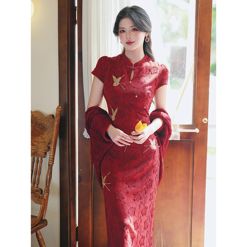 实拍已出货复古刺绣红色旗袍新娘订婚敬酒礼服连衣裙