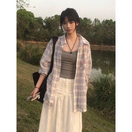 美式复古格子衬衫女夏季撞色防晒衬衣情侣外套宽松休闲上衣