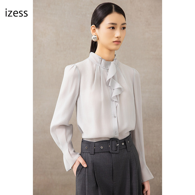 izess爱泽时尚/国内代购25秋复古风或少女感荷叶领衬衫[不退换]