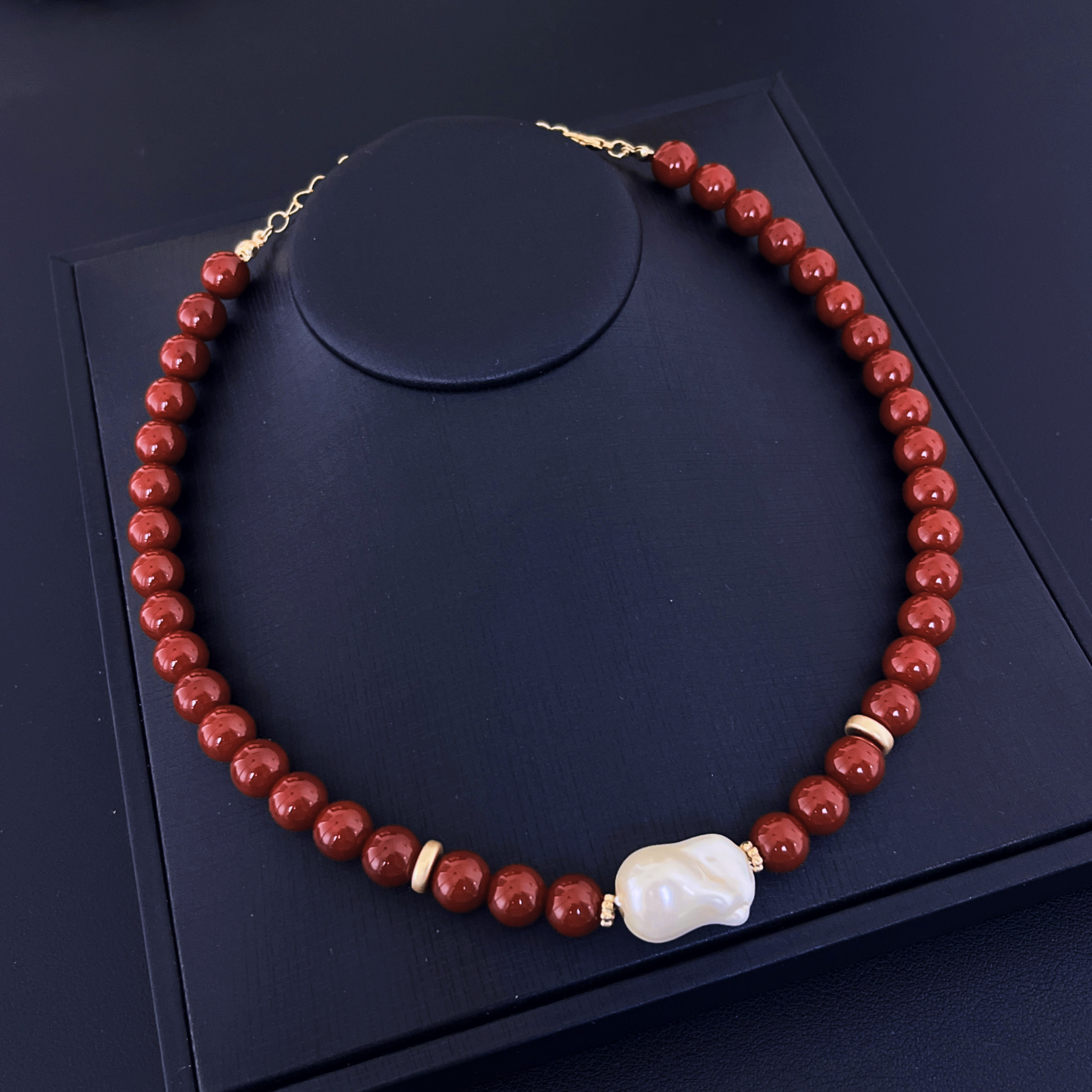 GUZI中古vintage复古酒红色琉璃巴洛克珍珠宫廷风西洋锁骨链项链