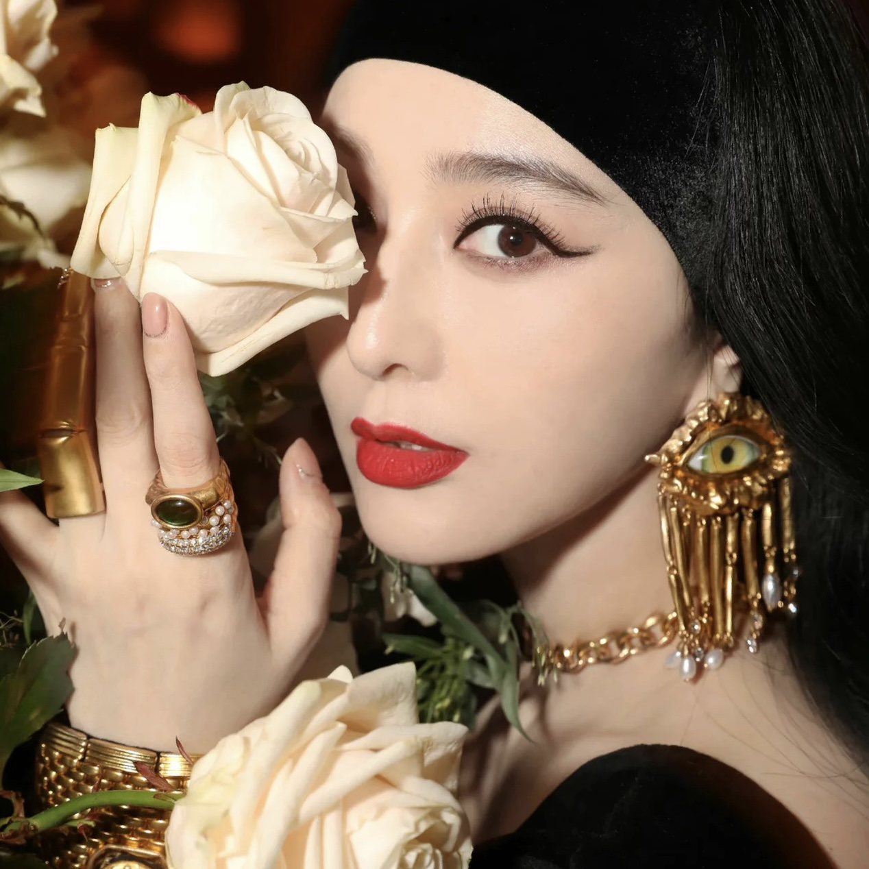 高定！夏帕瑞丽流苏耳饰中古vintage个性眼睛耳夹 珍珠流苏耳饰