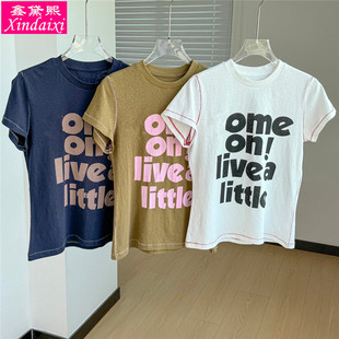 鑫黛熙2026夏季新款女士小板型字母印花圆领短袖T恤复古褪色上衣
