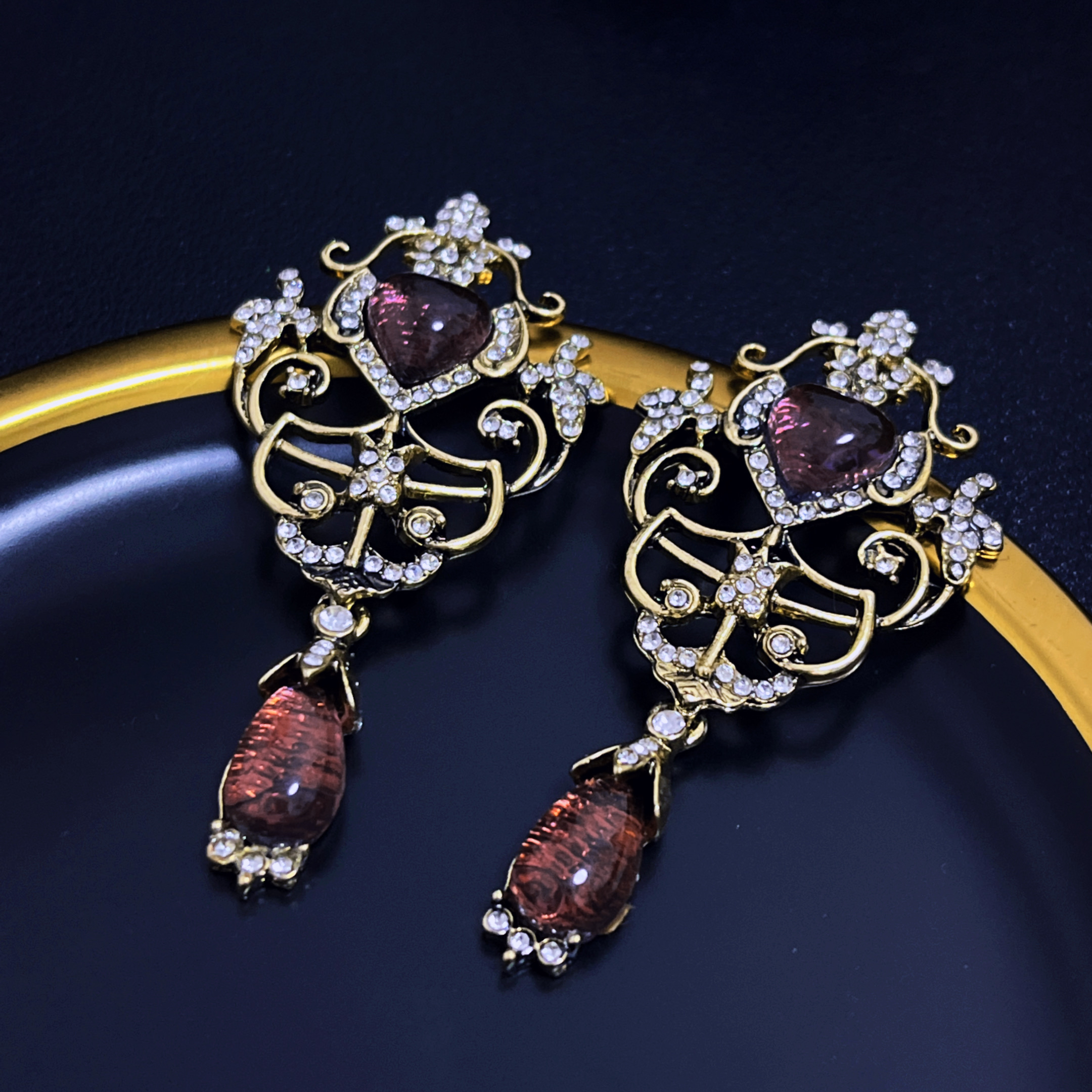 中古Vintage饰品银针镶钻爱心水滴花纹镂空耳钉气质耳环复古耳环