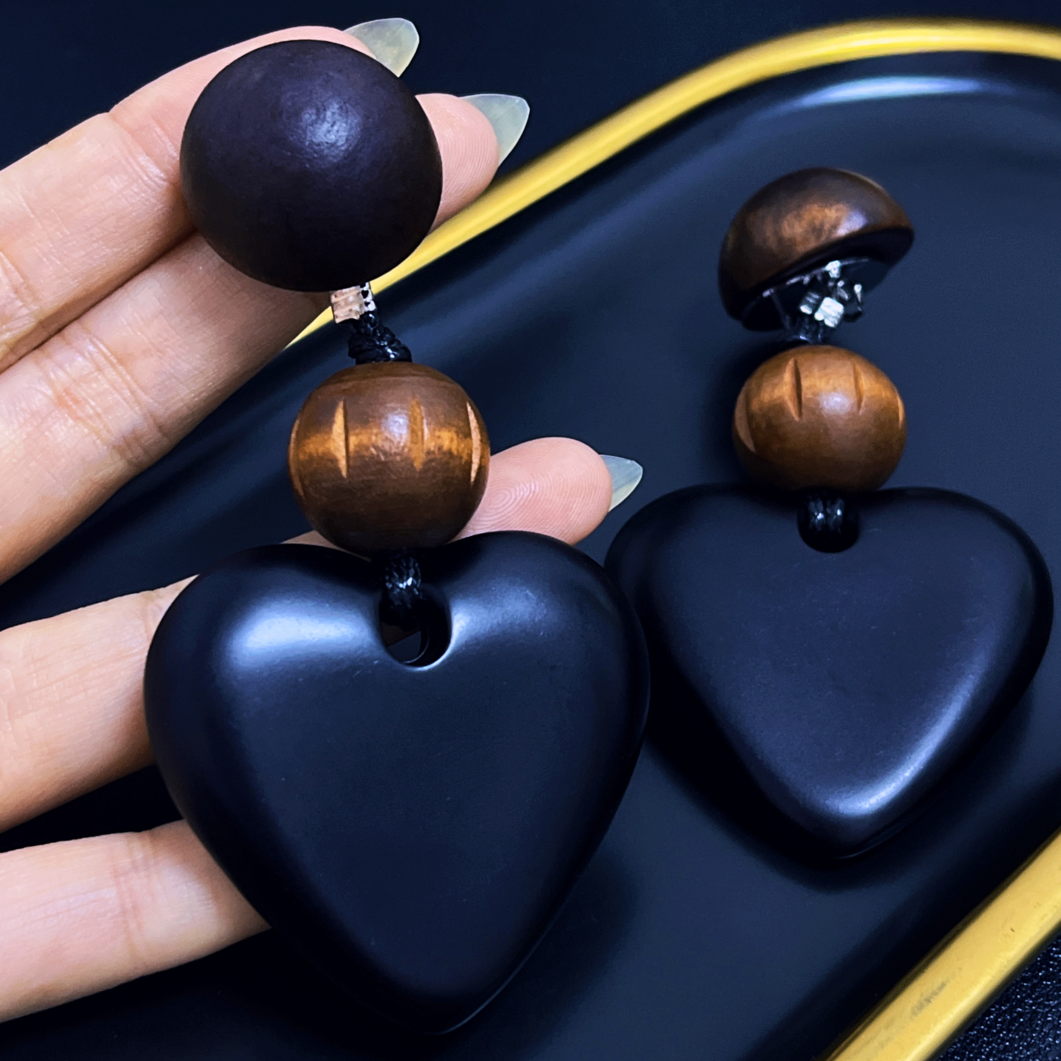 银针木头爱心吊坠耳环民族风复古时尚气质耳钉小众高级感耳饰耳环