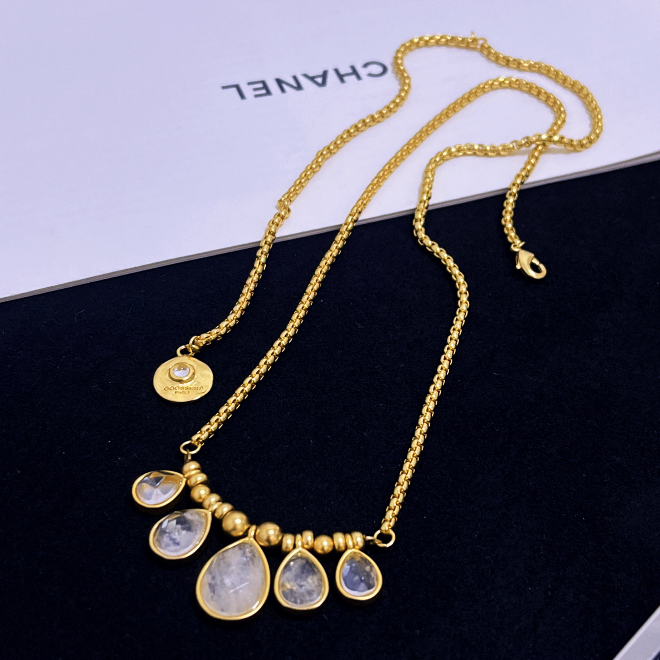 高定！复古GOOSSENS古森水滴水晶项链毛衣链首饰配饰气质简约