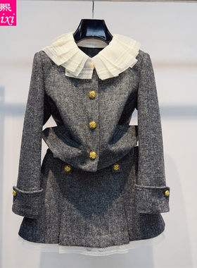 鑫黛熙25秋冬新款女士小香风娃娃领短外套金扣毛呢两件套短裙套装