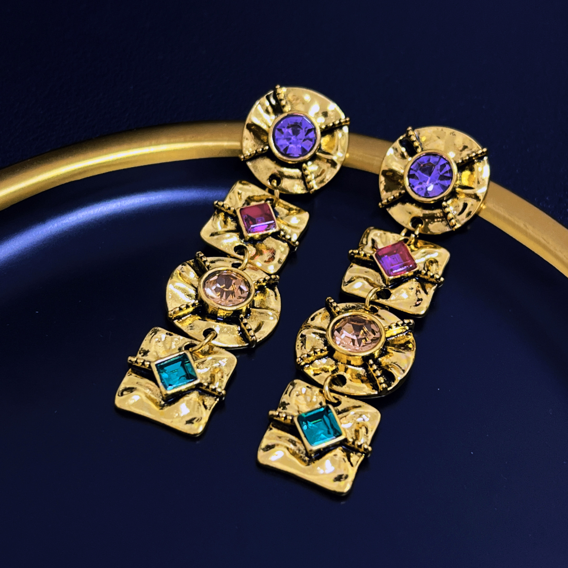 银针中古镶钻正方流苏耳环欧美小众复古耳钉高级感百搭耳饰耳环