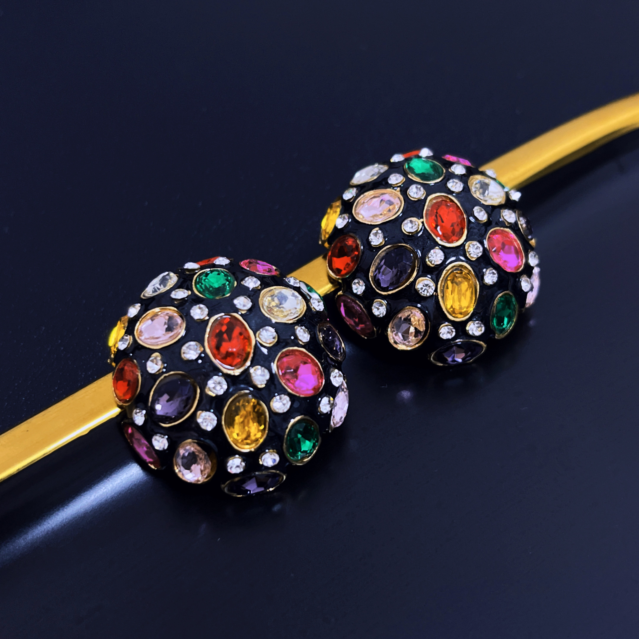 中古vintage立体彩钻耳饰！夸张几何圆形耳钉复古宫廷高级感镀金