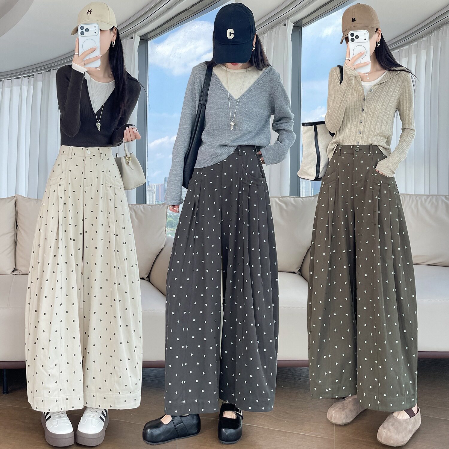 韩系波点俏皮印花阔腿裤秋季复古百搭松弛感宽松高腰休闲裤