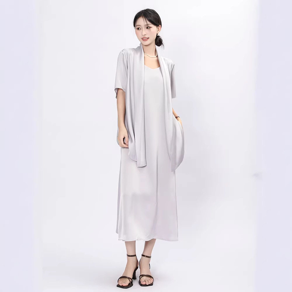 菲媛简约时尚百搭两件套女 气质开衫上衣+纯色吊带连衣裙缎面套装