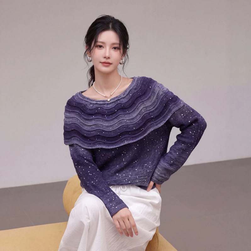 秋冬女渐变扎染披肩假两件针织衫
