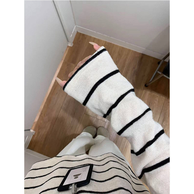 杏色条纹长袖t恤女春秋新款宽松显瘦打底内搭圆领慵懒风撞色上衣