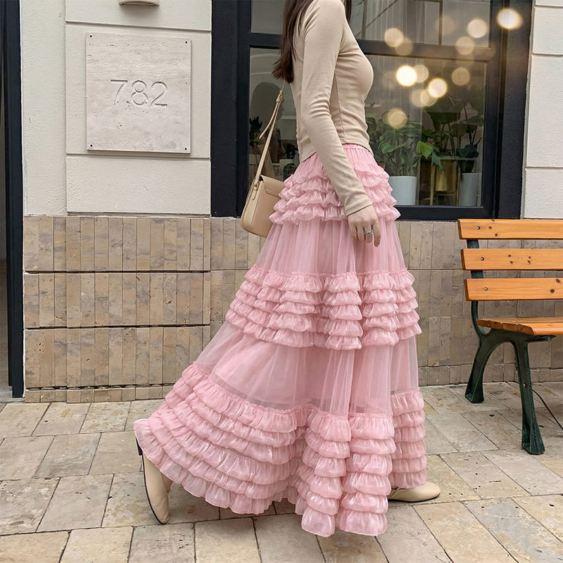 菲媛甜美风层层叠叠蛋糕裙女 早春新款纯色百搭拼接蓬蓬长裙