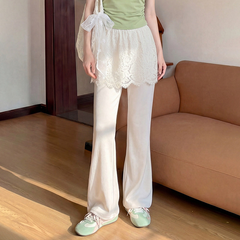 菲媛设计感蕾丝屁帘纯色微喇裤女 早春新款时尚百搭柔软舒适长裤