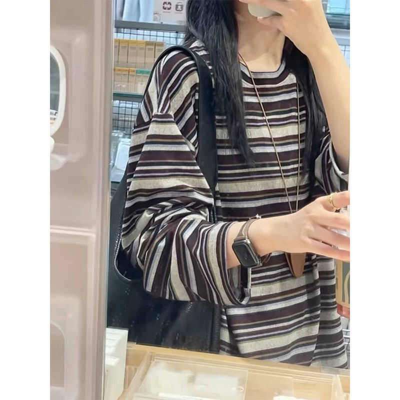 美拉德咖色条纹长袖T恤女秋季新款韩版慵懒松弛感小众设计感上衣