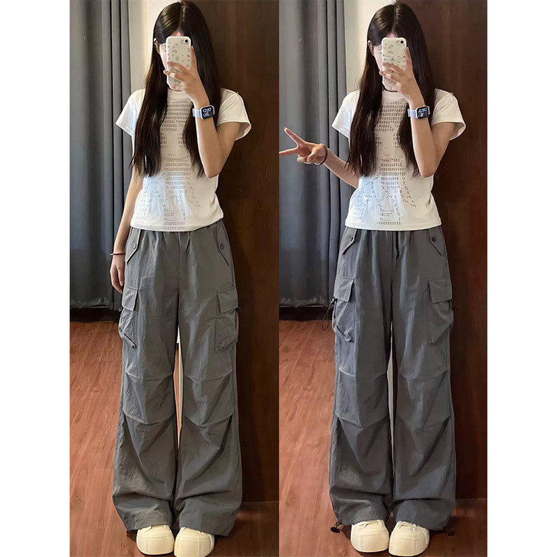 灰色美式阔腿工装裤女夏季2026新款宽松显瘦速干降落伞休闲运动裤
