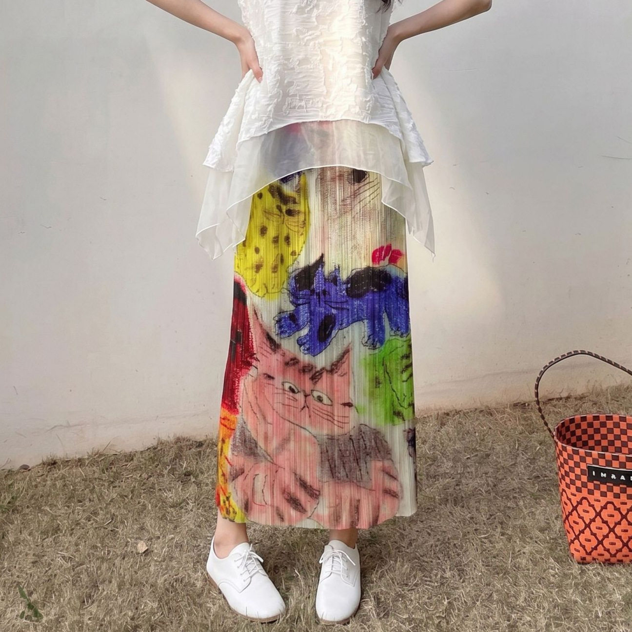 重工压褶百褶裙印花直筒裙夏季新款高腰显瘦双插兜后开叉三宅裙