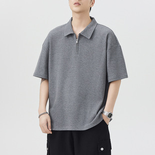 Z8507夏季重磅260克华夫格polo衫男短袖T恤拉链日系美复古T