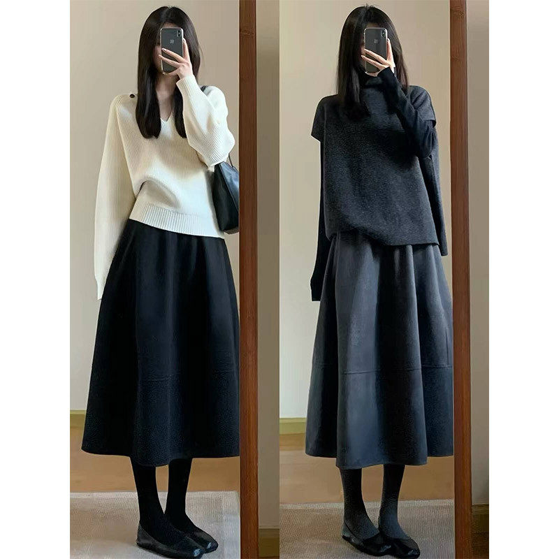 黑色毛呢半身裙女春秋冬2026新款高腰显瘦a字伞裙蓬蓬裙花苞裙子