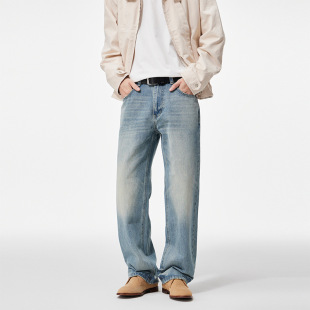 宽松阔腿马骝休闲长裤 男士 Clanfit浅蓝色水洗复古直筒牛仔裤 秋季
