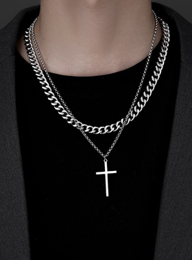 钛钢男生双层叠十字架项链