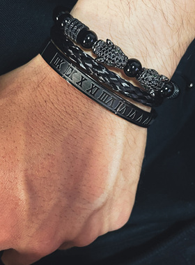 三件套欧美时尚男士钛钢手链手工编织高级感豹子头手镯潮人饰品