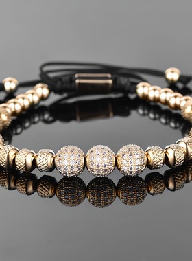欧美潮流首饰金色镶锆石钻球手链钛钢菠萝珠男士串珠时尚手串配饰
