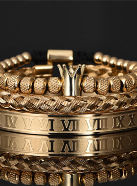 欧美潮流男士个性首饰编织手链钛钢罗马数字皇冠套装高级感手镯潮