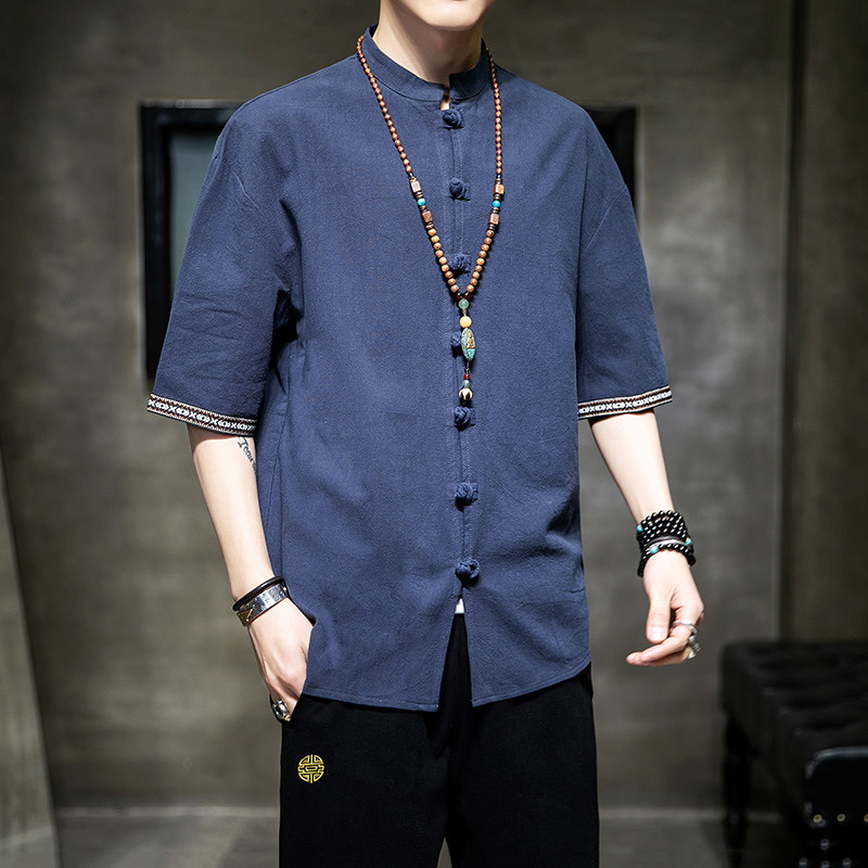 중국 스타일 당나라 정장 린넨 셔츠 중국 스타일 남성 반팔 복고풍 정장 HANFU 면화와 린넨 선 정장 청소년 민족 의류