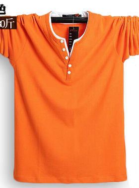 青年秋装加肥加大码长袖T恤男v领纯棉上衣假俩件胖子运动橙色体恤