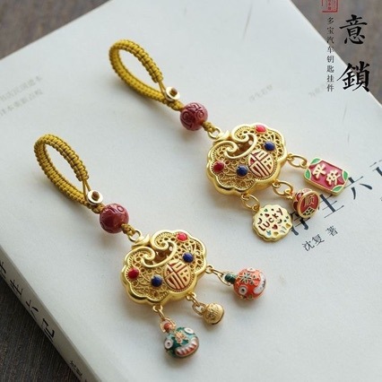 小众古法金多宝葫芦汽车钥匙扣挂件好运沙金黄铜高档钥匙链挂饰