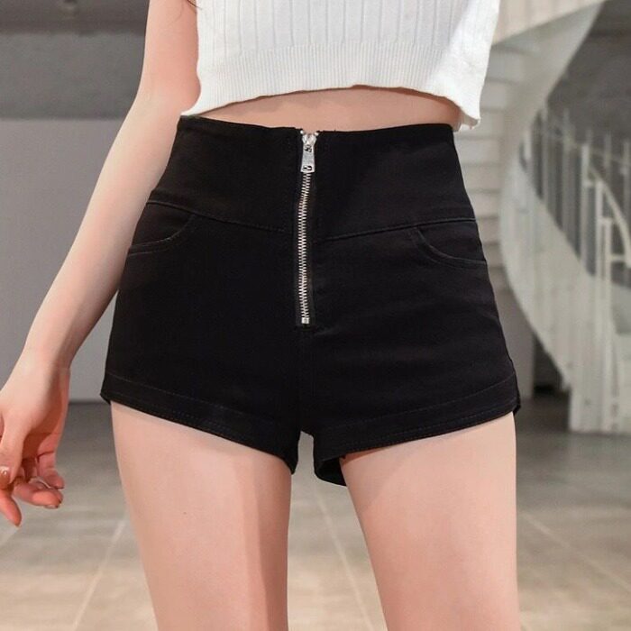 网红黑色牛仔裤性感拉链紧身短裤女春夏韩版高腰直筒裤弹力热裤衩