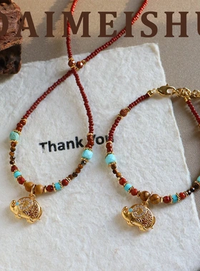 原创复古精致时尚气质红色米珠锆石吉象吊坠项链轻奢高级感锁骨链