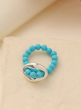 欧美新款简约时尚蓝色天然石串珠戒指小众气质百搭高级感戒子指环