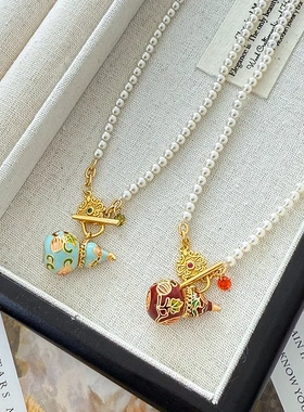 原创复古彩色滴油珐琅葫芦施家珍珠项链简约高级感时尚精致锁骨链